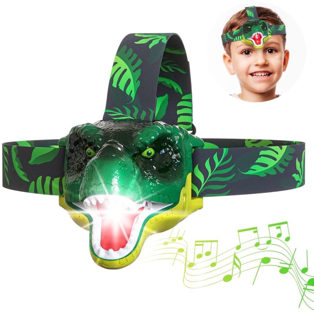 LED Headlamp Squeeze Mouth Light Switch Roaring T-Rex Sound Hook & Loop Strap - Picture 1 of 9